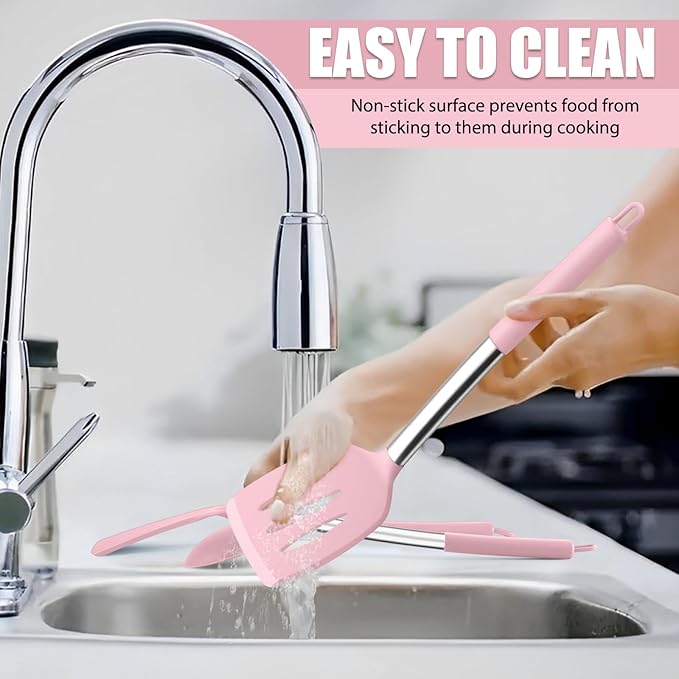 E-far Silicone Spatula Set of 2, Solid & Slotted Turner for Nonstick Cookware, Heat Resistant Rubber Kitchen Cooking Utensils for Flipping Fish Pancake Egg - Pink