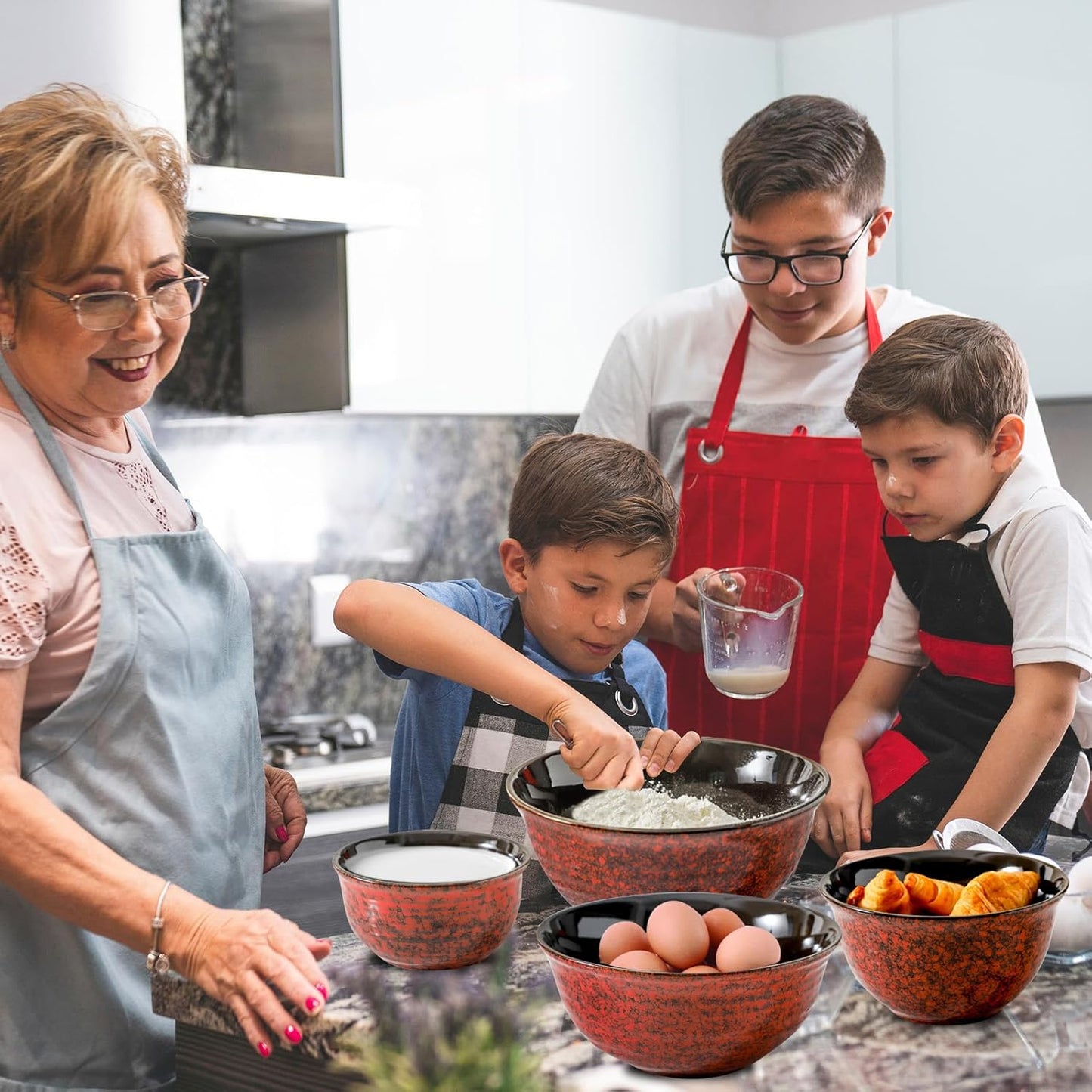 Hasense Mixing Bowls, 2.1/1.5/1.0/0.5 Qt, Nesting Bowls for Cooking, Baking, Ceramic Serving Dishes Set of 4 for Salad, Fruits, Popcorn, Thanksgiving Christmas Gift, Dishwasher & Microwave Safe, Red