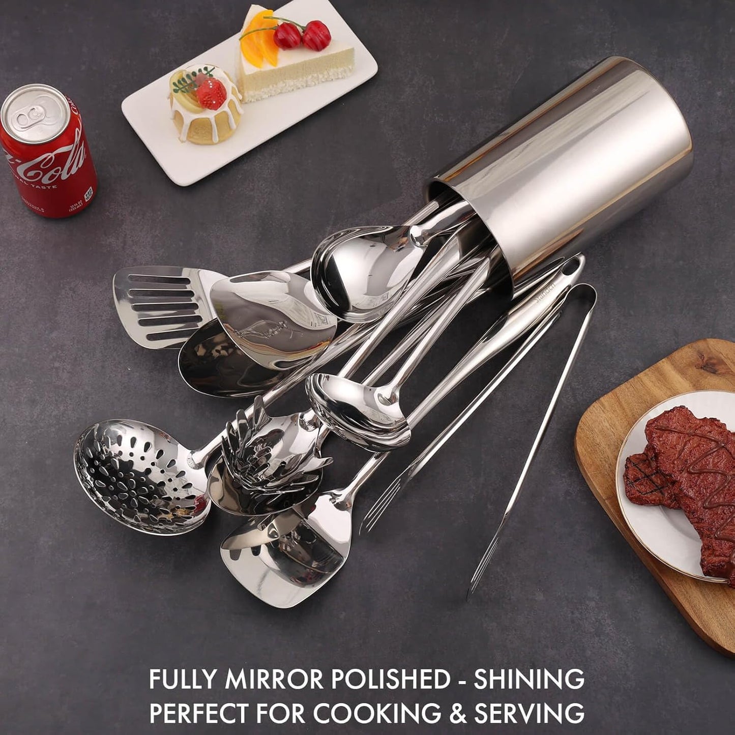 18/10 Stainless Steel Kitchen Utensils Set with Holder - 15″ Spatula Spoon Set with Storage Organizer for Countertop, Fork, Tongs, Spatula, Ladle, Skimmer, Turner, Spaghetti, Large Spoon Set of 12