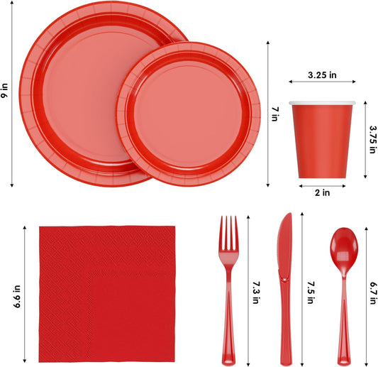 Exquisite 350 Pcs Red Paper Plates For Party, Red Disposable Plates Set, 50 Of Each 9" Dinner Plate Set, 7" Dessert Plate, Cups, Napkins & Cutlery Paper Dinnerware
