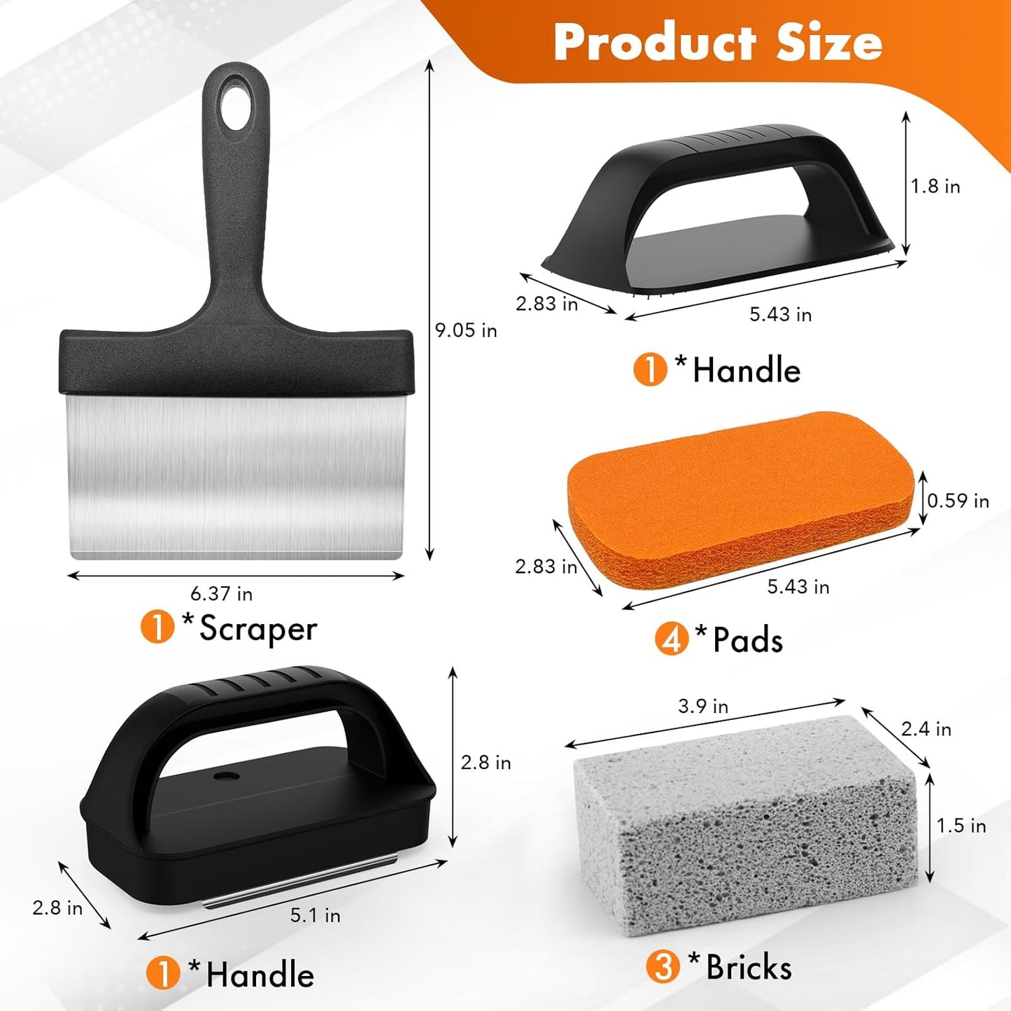 MEKER Griddle Cleaning Kit for Blackstone, Flat Top Grill Cleaning Kit with Grill Stone, Upgraded Scouring Pads & Griddle Scraper & Brush with Handle - Easy to Remove Stain (10 PCS)