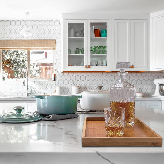 Bam & Boo Natural Bamboo Serving Tray Modern Rectangular (Bamboo, 13.75” x 10.25" x 1.2") for Food, Drinks, Decor, Vanity in Home, Kitchen, Bathroom, Coffee Table, Bed