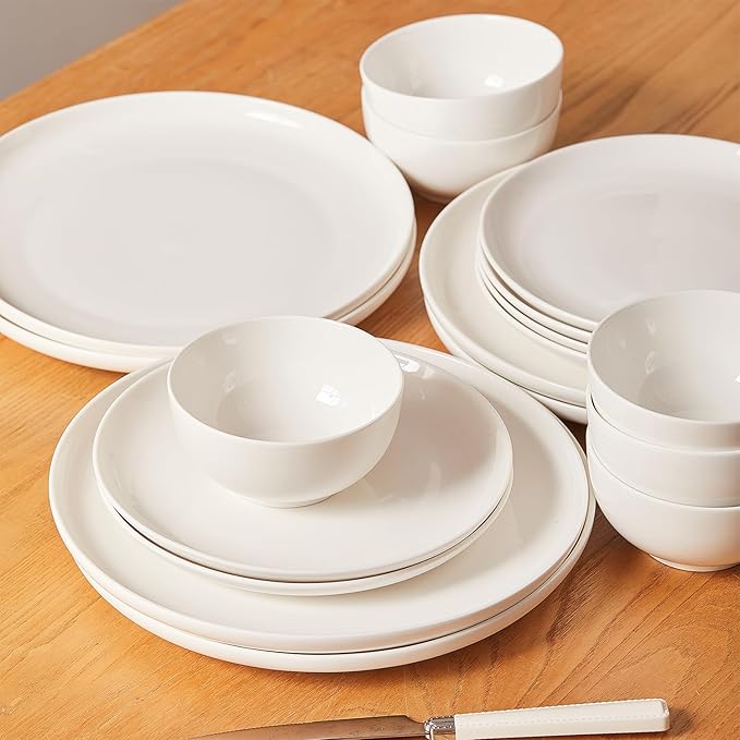 AntoKueh White Ceramic Plates Set of 6, 8.2 Inch Round Porcelain Salad Plate, 6-piece dishes with shallow Edge for Appetizer, Steak, Dishwasher/Microwave safe