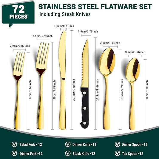 BEWOS 72-Pieces Gold Silverware Set for 12 - Stainless Steel Flatware Set with Mirror Polish, Gold Silverware Set Including Steak Knives, Forks and Spoons, Dishwasher Safe for Restaurant
