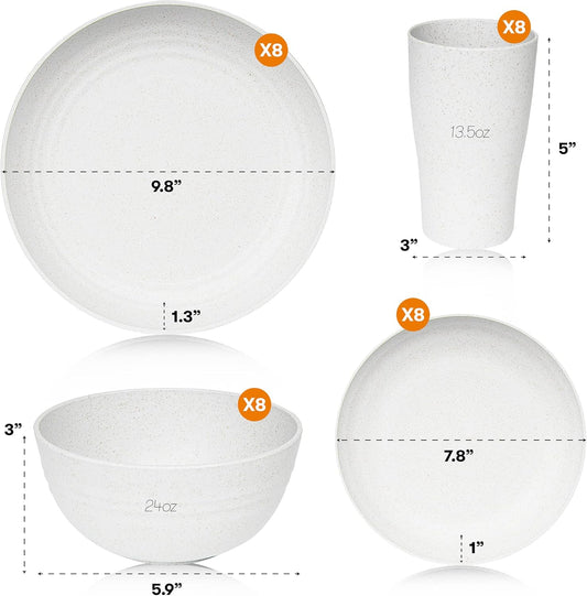 Wheat Straw Dinnerware Sets | Unbreakable Dinnerware Sets | Dishwasher Microwave Safe Dinnerware | Eco Friendly Non Breakable Dinnerware Sets | RV Outdoor Camping (White, Service for 8 (32 pcs))