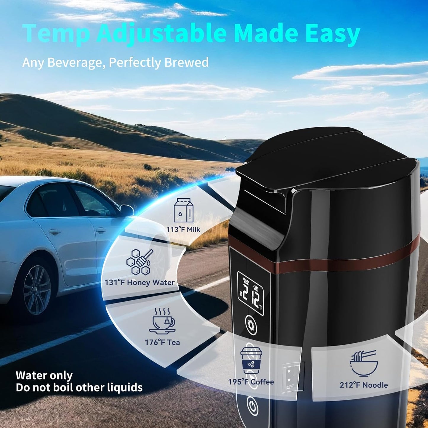 Car Electric Kettle for Travel : FVPE 12V/24V Small Electric Water Kettle, Multi-Temp Control 400 mL Portable Car Water Boiler for Brewing Coffee Tea,LCD Display 304 Stainless Steel Truck Heating Cup
