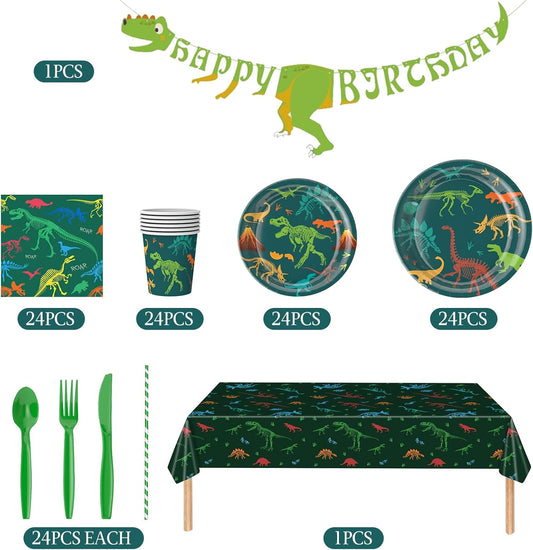 Dinosaur Plates and Napkins for Birthday Party Dino Tableware Set,Dinosaur Party Decorations Dino Plate Baby Shower,Disposable Dinosaurs Dinnerware Set with Tablecloth Cup Banner for Kids Boy Serve 24