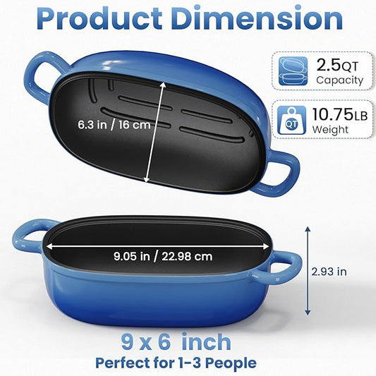 Cast Iron Dutch Bread Oven - 2.5QT Dutch Oven for Sourdough Bread Baking, Cast Iron Bread Loaf Pan with Lid, Easy Homemade Sourdough Dutch Oven, Blue Oval Bread Baking Pan, Gift for Family & Baker