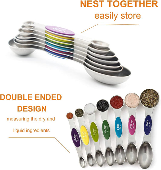 Magnetic Measuring Spoons Set - Stainless Steel Stackable Dual Sided Teaspoon Tablespoon for Measuring Dry and Liquid Ingredients, Measuring Spoons for Cooking & Baking, Fits in Spice Jars, Set of 8