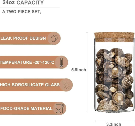 Airtight Glass Storage Containers with cork Lid, for Kitchen Pantry Organization and Storage jar,Ideal for Coffee Beans Snacks Flour Cereal Sugar Tea 24oz. (Circular 5.9 * 3.3in*2pcs)