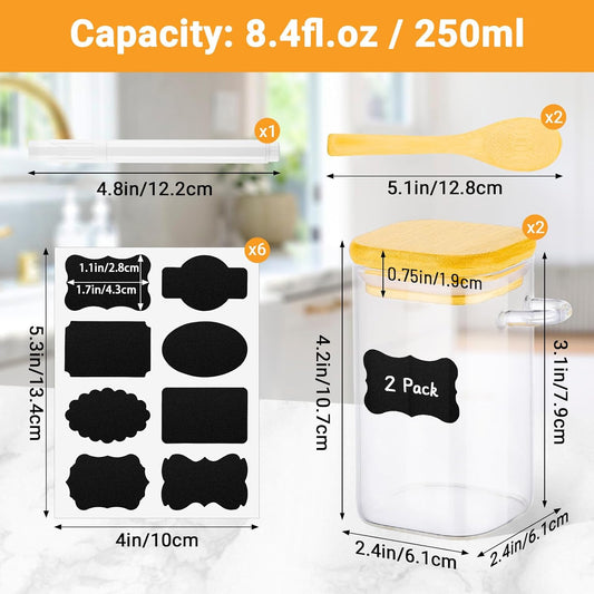 Glass Jars with Bamboo Lids and Spoons - 2 Pack 8 Fl.oz Square Glass Spice Jars with Lid, Small Food Canister Stackable Pantry Container for Honey Jam, Seasoning, Tea, Coffee and Sugar