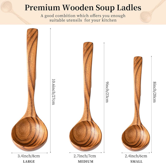 Gudamaye 3 Size Wooden Soup Ladles Set,3 Hooks for Bowl,Pot. Natural Teak Wooden Ladle,10.6 inch Big Soup Ladle, 9 inch Serving Spoon & 8 inch Wood Ladles for Cooking,Teak Deep Ladle Spoons