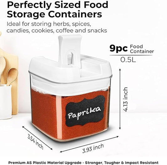 Shazo 9 PC Airtight Food Storage Containers - BPA Free Clear Plastic Snack & Spice Containers with Easy Lock Lids - Kitchen and Pantry Organization for Herbs, Coffee, Tea - 0.5L / 2.1 Cups