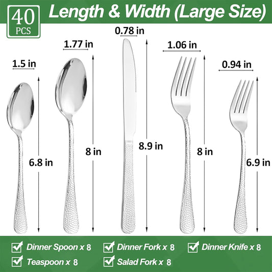 40 Pcs Silverware Set for 8 with Hammered Design, Food Grade Stainless Steel Flatware Set, Eating Utensils Sets Include Fork/Knife/Spoon, Reusable Cutlery Set, Dishwasher Safe