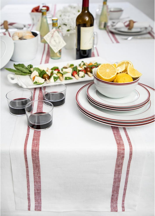 Solino Home Linen Table Runner 108 Inches Long - French Stripe, 100% Pure Linen Burgundy and White Farmhouse Table Runner 16 x 108 Inch Ideal for Dining, Fall, Autumn, Thanksgiving