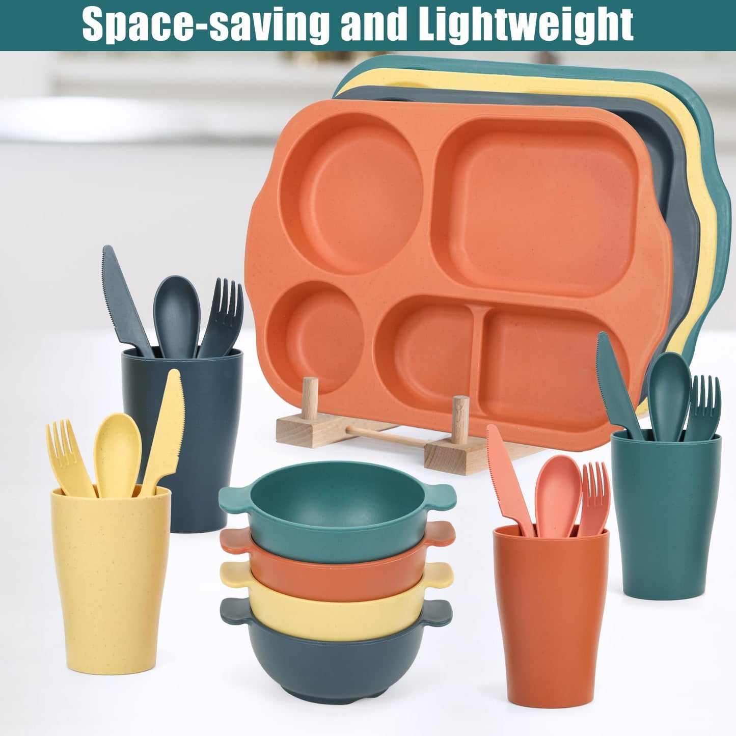 24 PCS Wheat Straw Dinnerware Set for Kids Toddler Plate Bowl Cup Set Unbreakable BPA-Free Tableware with Divided Plate Microwave Dishwasher Safe Perfect for Home School Picnics