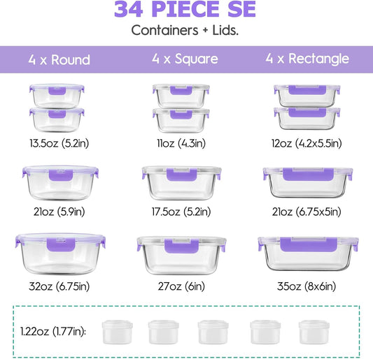 34pcs Glass Food Storage Containers with Lids Set, Airtight Glass Meal Prep Containers (17 Containers & 17 Lids), Leak Proof Lunch Container BPA-Free, Microwave, Oven, Freezer, Dishwasher Safe-Purple