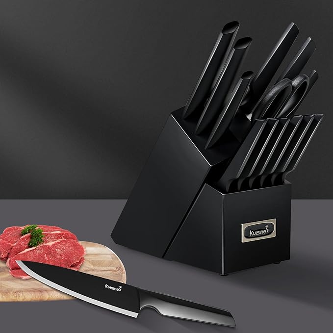 Kuisine Premium Knife Set,One-piece Steel Molding,High Carbon Stainless Steel Ultra Sharp,Non-slip Ergonomic Solid Steel Handle,Built-in Sharpener Knife Block Set,Luxury Gift(15PCS,Black)