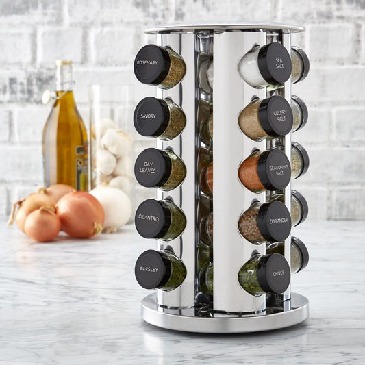 Kamenstein 20 Jar Revolving Countertop Spice Rack with Spices Included, FREE Spice Refills for 5 Years, Polished Stainless Steel with Black Caps, 30020 (Pack of 3)