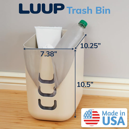 STORi Luup Bathroom Wastebasket, Secure Grocery Bags, Plastic Garbage Container for Vanity, Laundry Room, Kitchen, Office, 2.5 Gallon, Beige, Made in USA