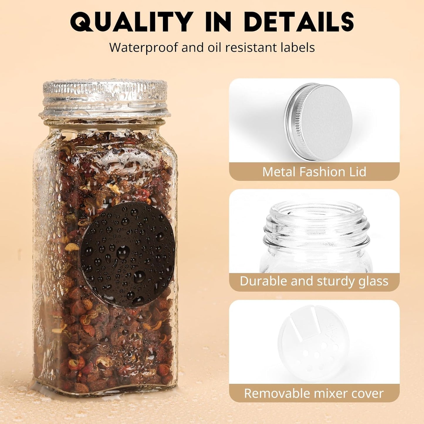 6Pcs Spice Jars with Label, 4oz Empty Square Seasoning Containers, Spice Jars with Shaker Lids, Small Spice Bottles for Salt, Herbs, Sugar, Pepper, Seasoning Jars for Spice Rack, Cabinet, or Drawer