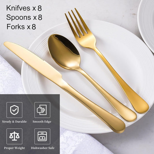 24-Piece Gold Silverware Set for 8 - Stainless Steel Flatware Cutlery Set, Mirror Polished Gold Flatware Set Include Forks Spoons Knives for Home Wedding Restaurant, Dishwasher Safe, 24 PCS