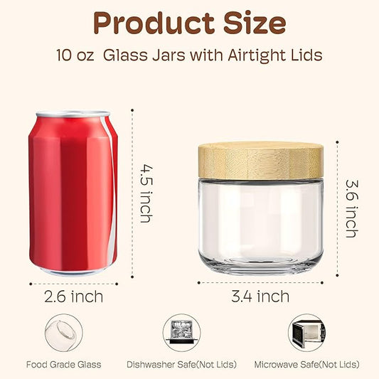 6 Pack 10oz Overnight Oats Containers with Bamboo Lids, Glass Jars with Airtight Lids for Meal Prep, Wide Mouth Mason Salad Jars, Glass Food Storage Container for Yogurt Chia Snacks Spice Sugar