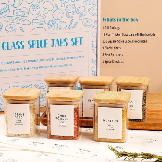 12 Pcs Square Glass Spice Jars with Natural Bamboo Lids - 5oz Airtight Herb Containers with 148 Waterproof Minimalist Spice Labels Preprinted - Empty Small Seasoning Jars for Kitchen Pantry