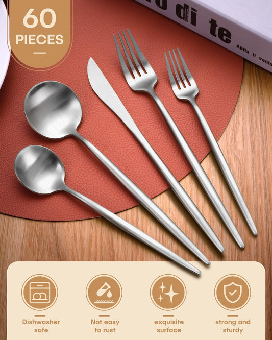 60-Piece Silverware Set for 12,Ollex Food-Grade Stainless Silver Flatware Set Include Spoons Forks Knives Matte Utensil Cutlery Set,Satin Finished & Dishwasher Safe