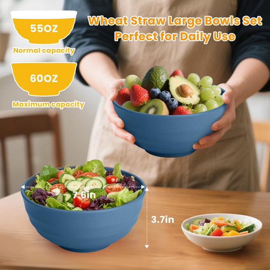 Homienly Wheat Straw Bowls, 60 OZ Salad Bowls,Large Serving Bowls Set of 8, Unbreakable Big Bowl for Kitchen,Ramen,Cereal,Salad,Serving Reusable, Microwave and Dishwasher Safe Bowl-Blue