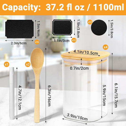 Glass Jars with Bamboo Lids, 4 Pack 37 Fl.oz Square Glass Jars with Airtight Lids, Stackable Kitchen Food Storage Containers for Flour Sugar Coffee Tea Candy - Included Labels, Marker and Spoon