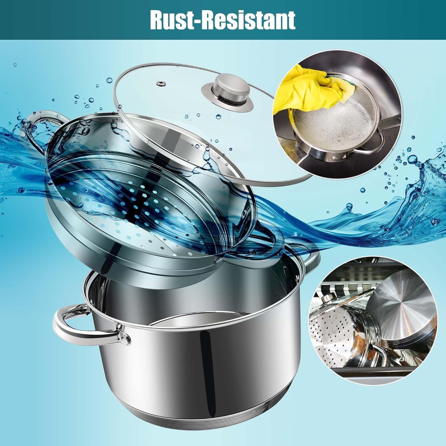 6 QT Stainless Steel Cookware Set, 3-Piece Multipurpose Stock Pot with Steamer Pot and Tempered Glass Lid, Stainless Steel Handle, Work with Gas Electric Induction Stove