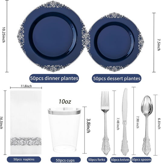 Hioasis 350pcs Blue and Silver Plastic Plates - Elegant Disposable Dinnerware Set Suitable for 50 Guests Include 10.25" Dinner & 7.5" Dessert Plates, Cutlery, Napkins, Cups for Party