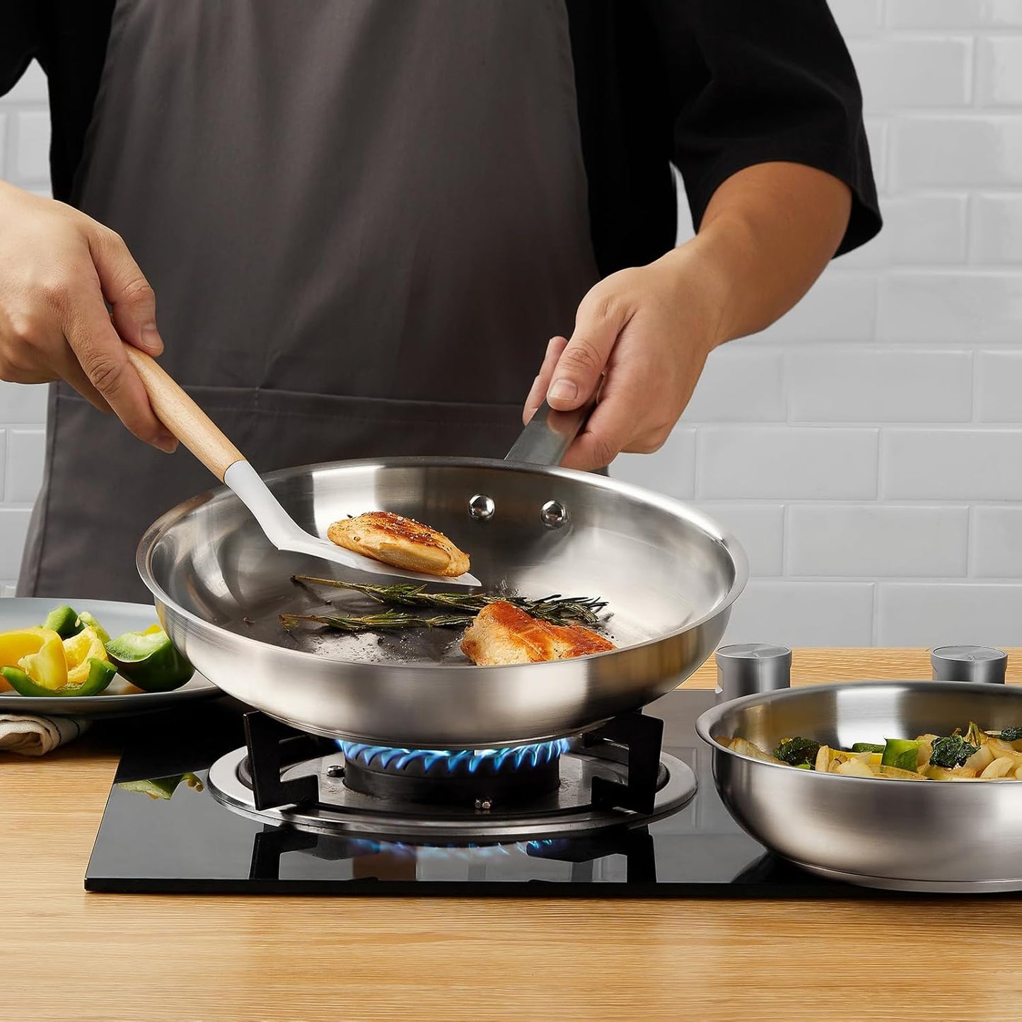 KOCH SYSTEME CS Stainless Steel Pan 10 Inch, Stainless Steel Frying Pan for Professional Cooking, PFAS-Free Steel Skillet with Tri-ply Bottom, Induction Compatible Skillet, Oven Safe