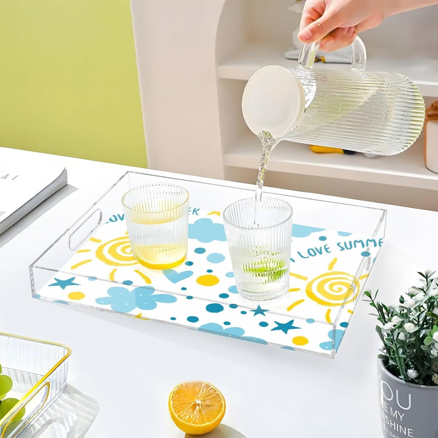Acrylic Serving Tray with Handles Spill Proof Kitchen Storage Tray Clear Decorative Tray Makeup Drawer Organizer Storage Tray for Bathroom Living Room Ottoman 15.7x11.8Inches