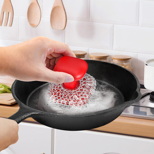 Cast Iron Scrubber | Dish Scrub Brush | 316 Cast Iron Cleaner Chainmail Scrubber for Pan Skillet Cleaner - Dish Scouring Pad Dishwasher Safe Cleaning Kit, Red
