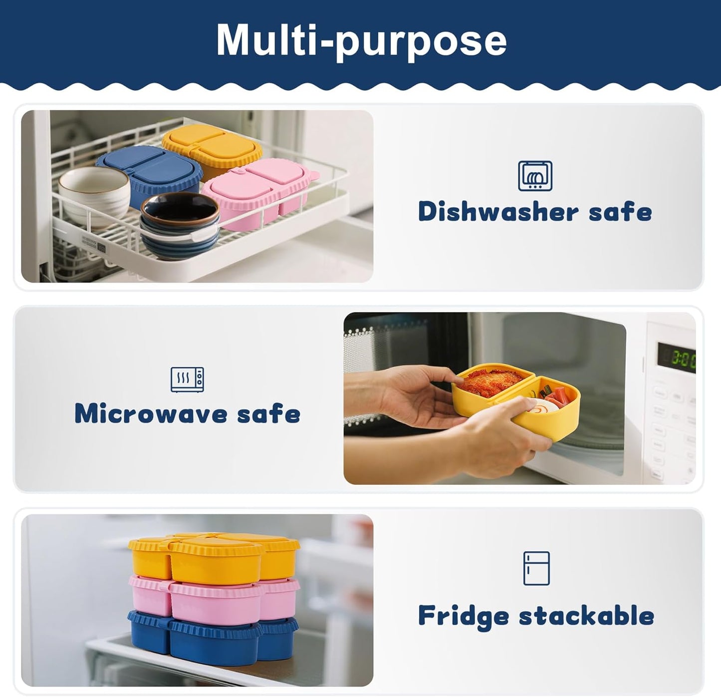 3 Pack Silicone Reusable Snack Containers with Lids - 8 oz Double Compartment Snackle Box for Kids & Adults, BPA-Free & Leakproof, Small for Dressing, Snacks, School, Office, Picnic