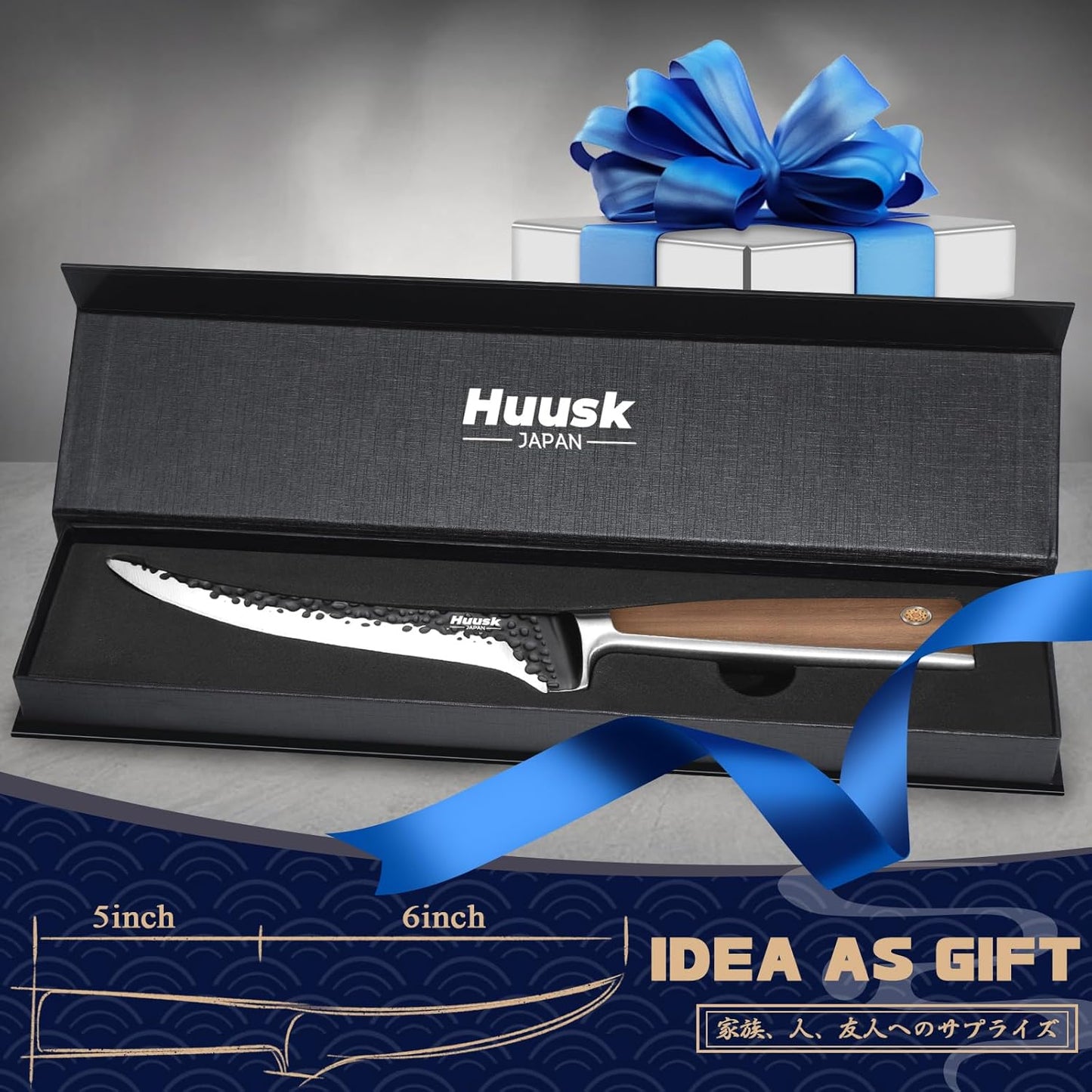 Huusk Boning Knife 6 Inch Fillet Knife for Meat Brisket Trimming Knife Japan Hand Forged Deboning Knives Full Tang Meat Cutting Butcher Knife for Kitchen Cooking BBQ