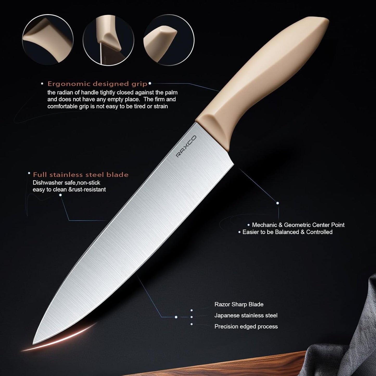 RAXCO Kitchen Set,18-Piece Silicone Cooking Utensils and Stainless Steel Chef's Knives,Khaki