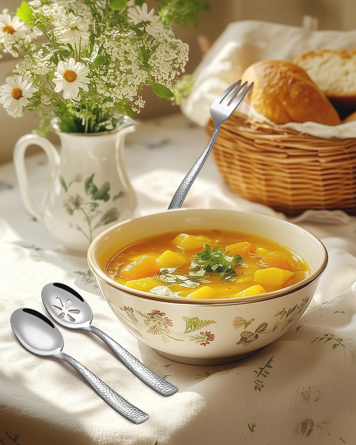 45-Piece Silverware Set with Serving Utensils, Ollex Durable Stainless Steel Hammered Flatware Set for 8 with Knives Forks Spoons Large Serving utensil Set for Home Restaurant, Dishwasher Safe