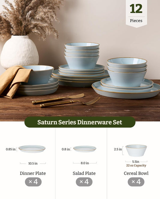 Famiware Saturn Dinnerware Sets, Plates and Bowls Sets for 4, 12 Pieces Stoneware Dish Set - Chip and Scratch Resistant, Microwave and Dishwasher Safe Tableware Set, Light Blue with Rim