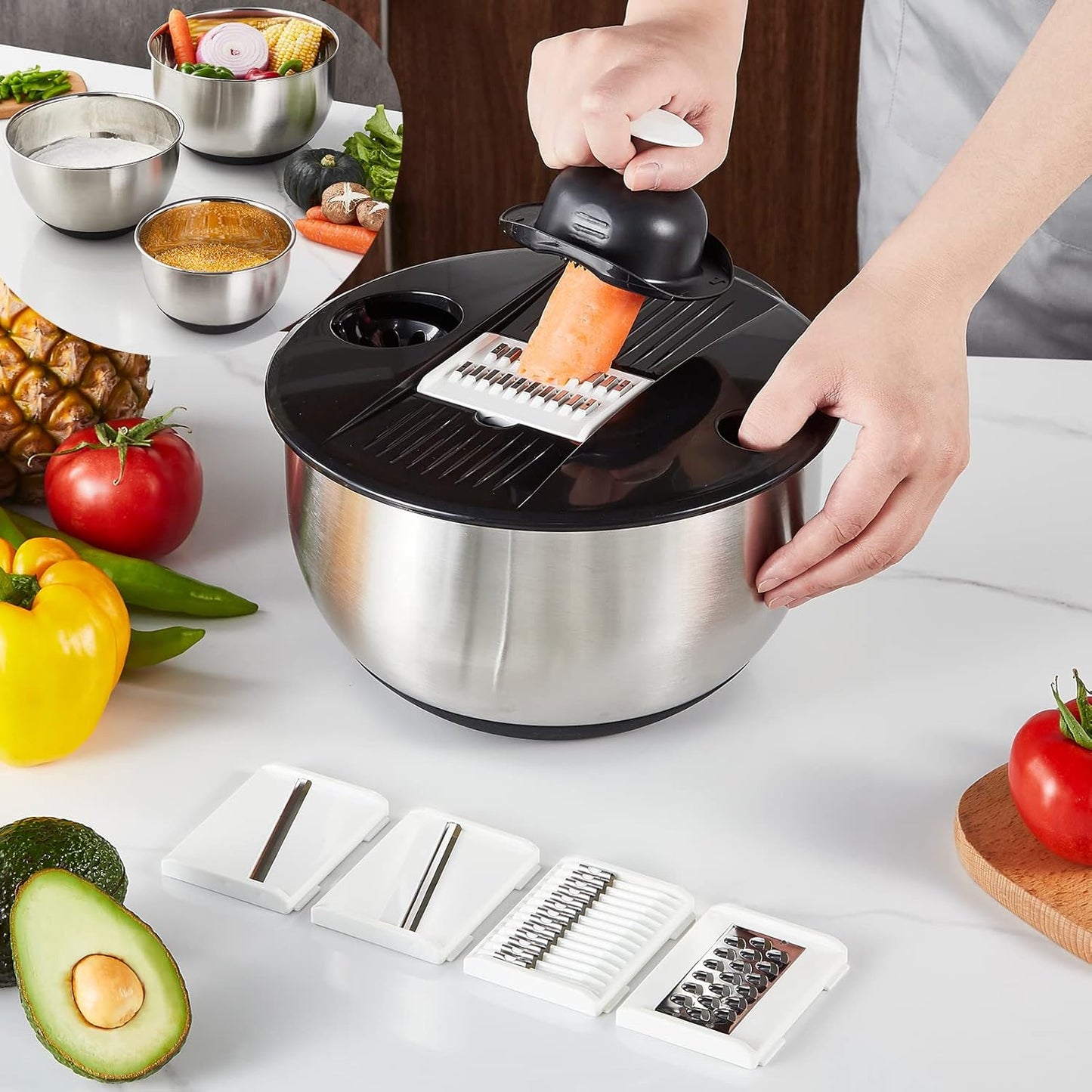 Mixing Bowls with Lids Set,Pack of 3 Stainless Steel Nesting Bowls with Grater Airtight Lids Non-Slip Bottoms for Slicing,Shredding,Grating,Mixing,Cooking,Baking(Black)