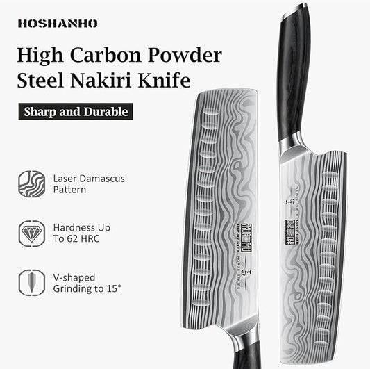 HOSHANHO 7 Inch Nakiri Knife, Japanese High Carbon Powder Steel Vegetable Cleaver Knife for Chopping, Razor Sharp Multipurpose Asian Chef Knife with Ergonomic Handle