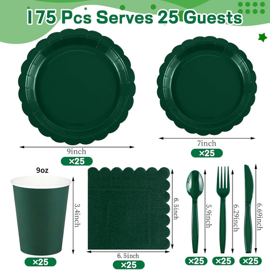Dark Green Plates and Napkins, 25 Guest Green Party Supplies Include Christmas Plates Napkins Cups Plastic Spoons Forks Knives for Thanksgiving, Christmas, Birthday