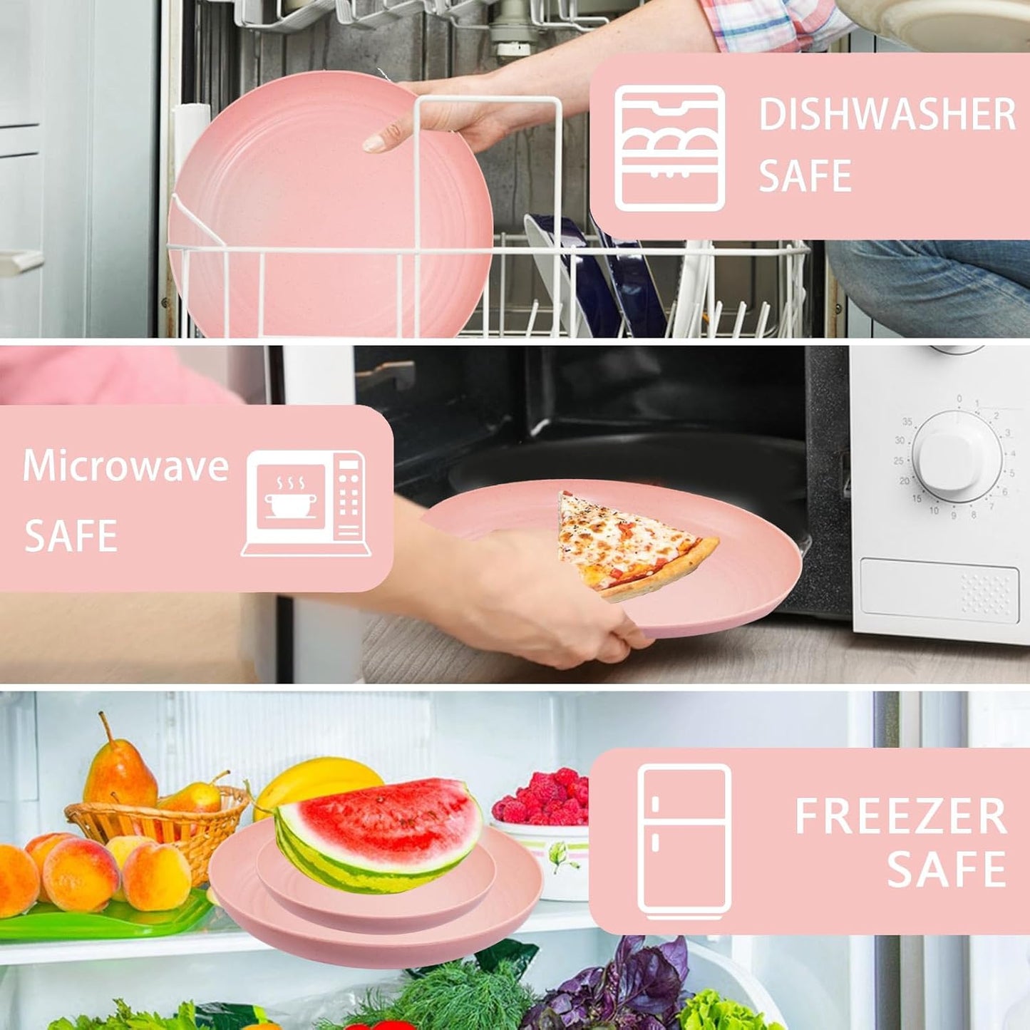 Supernal Pink Wheat Straw Dinnerware Sets,Unbreakable Dishes for 8, Plate and Bowls Sets, Reusable Plates, Microwave Dishwasher Safe Plates,Plastic Dinnerware Set, Pink Plastic Tableware