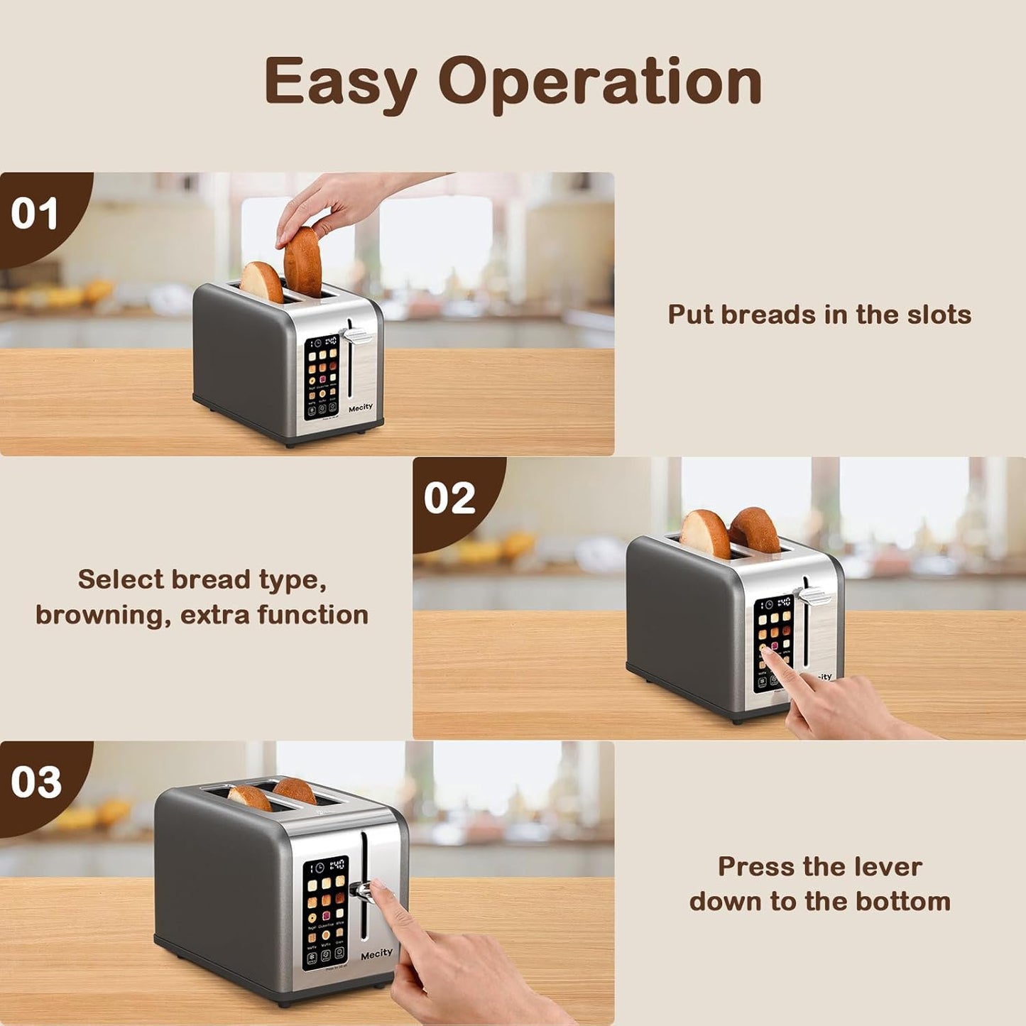 Mecity 2 Slice Touch Screen Toaster, 1.5" Wide Slot, Stainless Steel Smart Toaster for Bagels, Muffins, Waffles, Gluten-Free Breads, Defrost, Reheat, Timer, 120V 825W, Grey Pearl