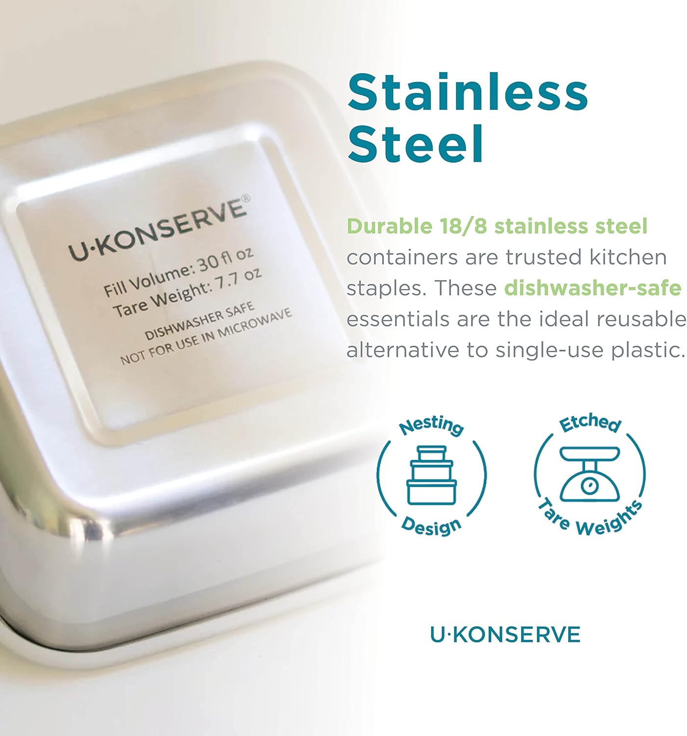U Konserve Stainless Steel Food Storage Bento Box Container, Leak Proof Silicone Lid Dishwasher Safe - Plastic Free (30oz Clear)