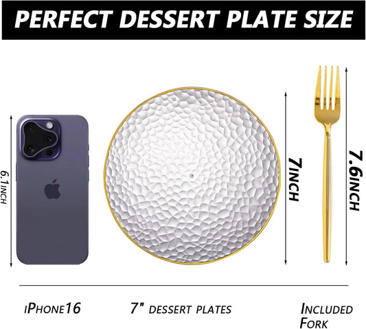 Rubtlamp 200 Pcs Clear Dessert Plates 7" with Forks 7.6",Clear Plastic Cake/Appetizer Platos, Dessert Plates Disposable, Hammered Party Platos Include 100platos and 100forks for Party&Birthday