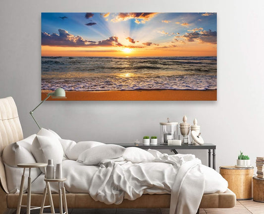 Muolunna BK1875 Wall Art Decor Large Canvas Print Picture Sunrise Ocean Beach 1 Panel Waves Scenery Painting Artwork for Office Wall Decor Home Decoration Stretched and Framed Ready to Hang XLarge