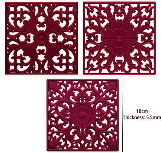 Silicone Trivets for Hot Dishes-Pots&Pans, Square Multi-Use Carved Trivet Mat, Insulated Silicone Mats, Flexible Trivet Mat for Countertop&Tabletop, Pot Holders Pads Set 3 Melort Red
